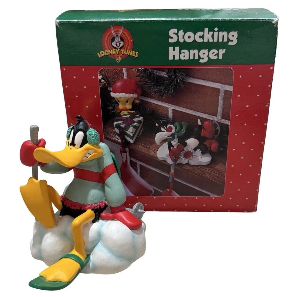 VTG 1998 Looney Tunes Daffy Duck Christmas Stocking Hanger Holder Skiing Winter